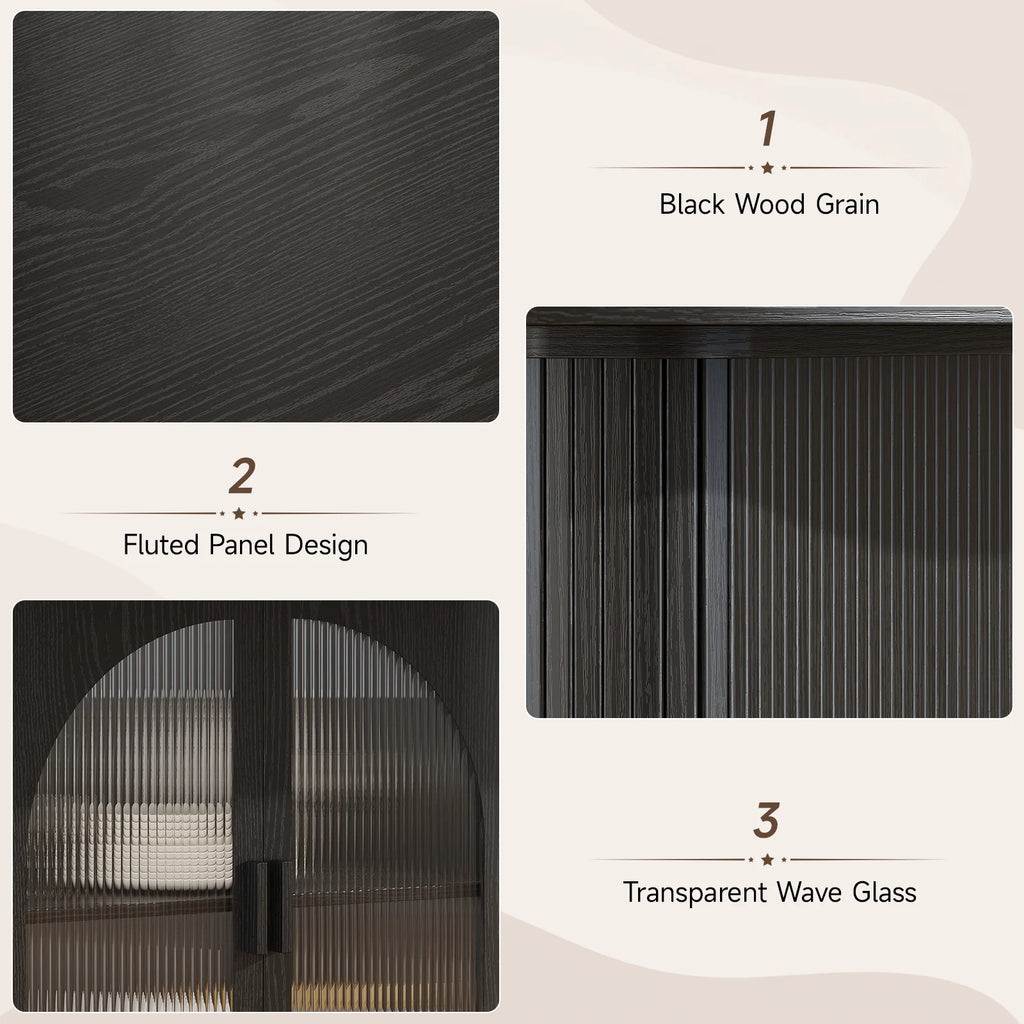 Duskhalo Black wood-grain finish, fluted panels and transparent wave-glass details.