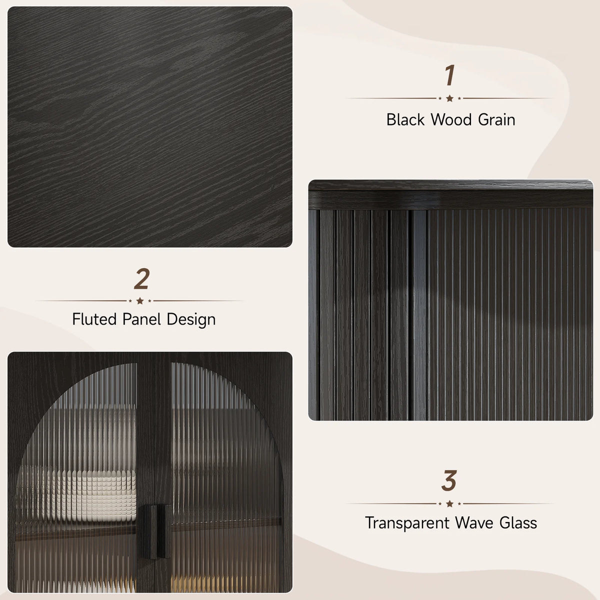 Duskhalo Black wood-grain finish, fluted panels and transparent wave-glass details.