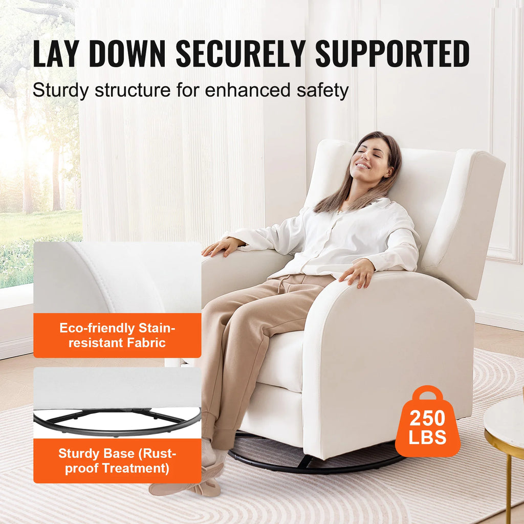 Woman relaxing in an off-white recliner beside fabric and circular-base closeups and a 250 lbs label.