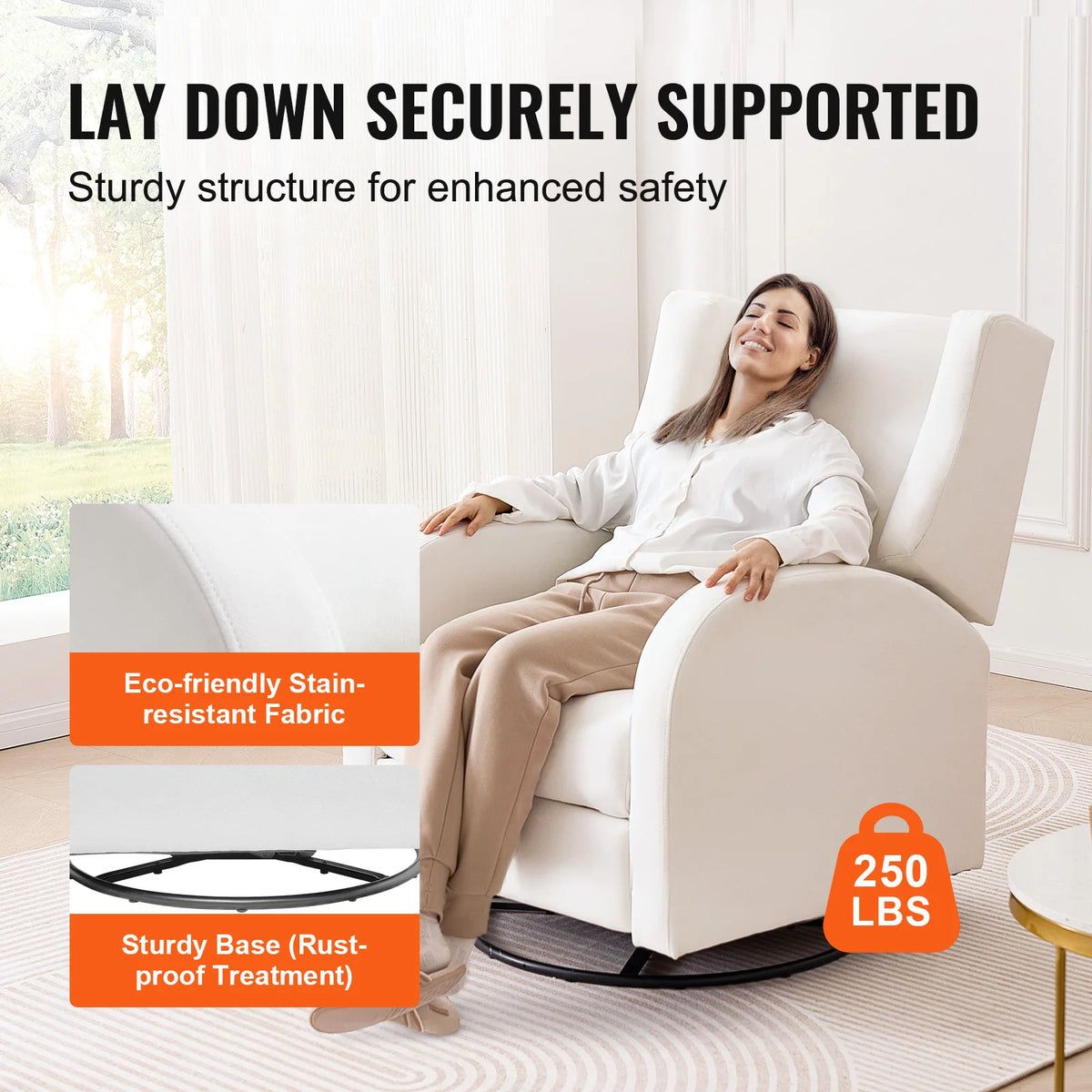 Woman relaxing in an off-white recliner beside fabric and circular-base closeups and a 250 lbs label.