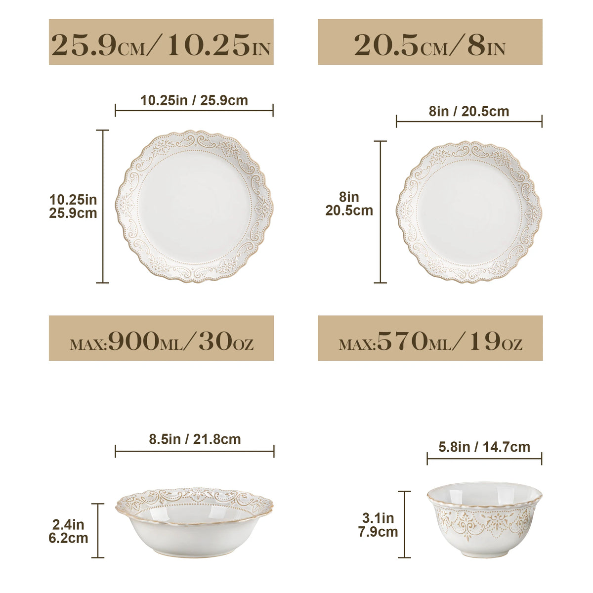 MALACASA plate and bowl dimensions, with maximum bowl capacities of 30 and 19 US fl oz