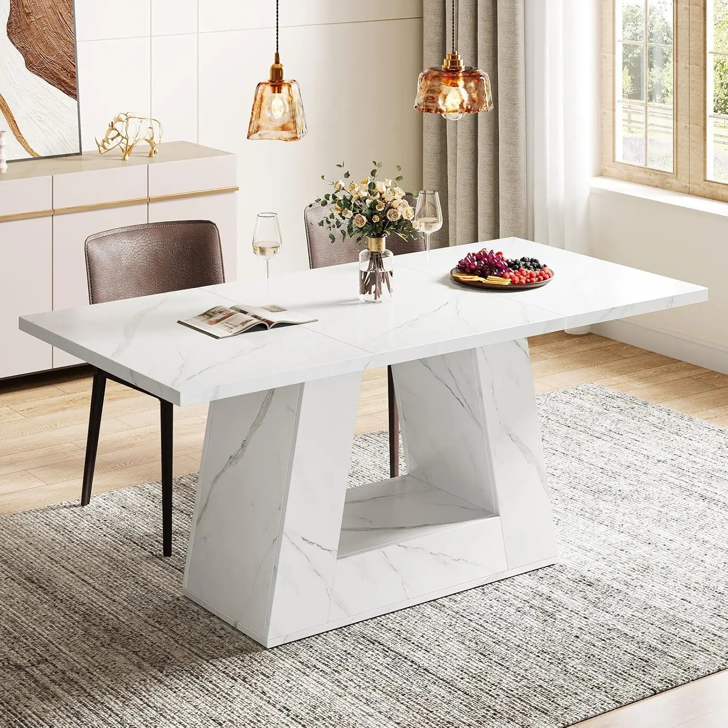 Modern dining table with marble-like finish in a stylish room.