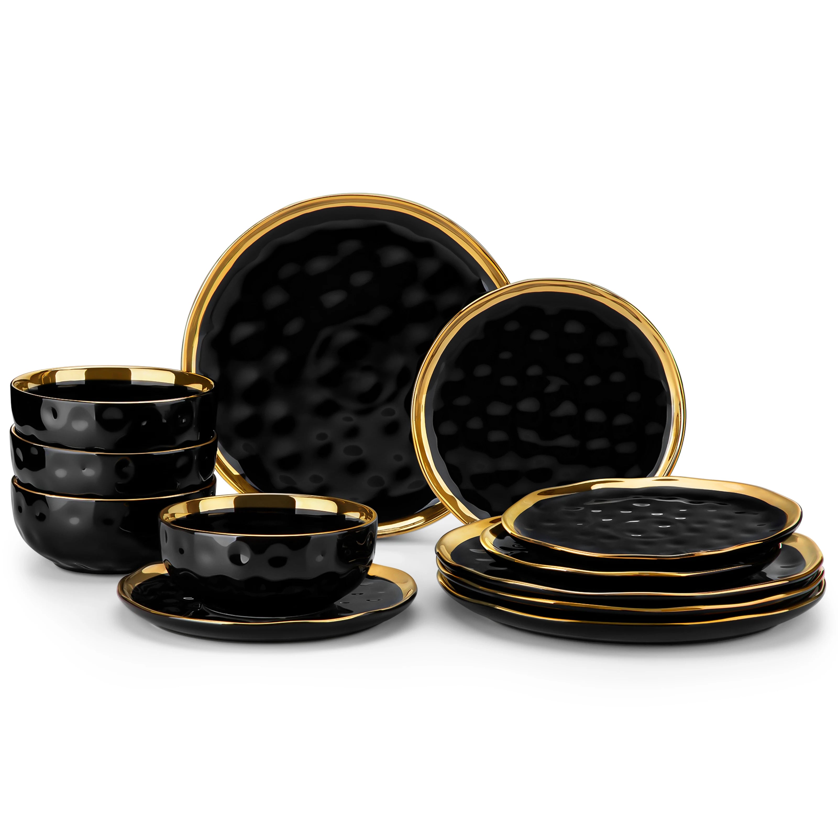 LOVECASA 12-Piece Hammered Dinnerware Set with Gold Trim