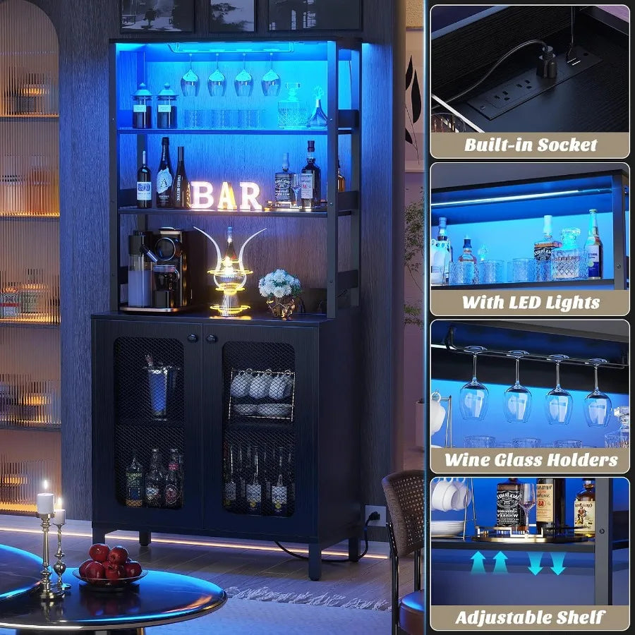 Feature collage highlighting the bar cabinet socket, blue lighting, suspended wine glasses, and movable shelf.