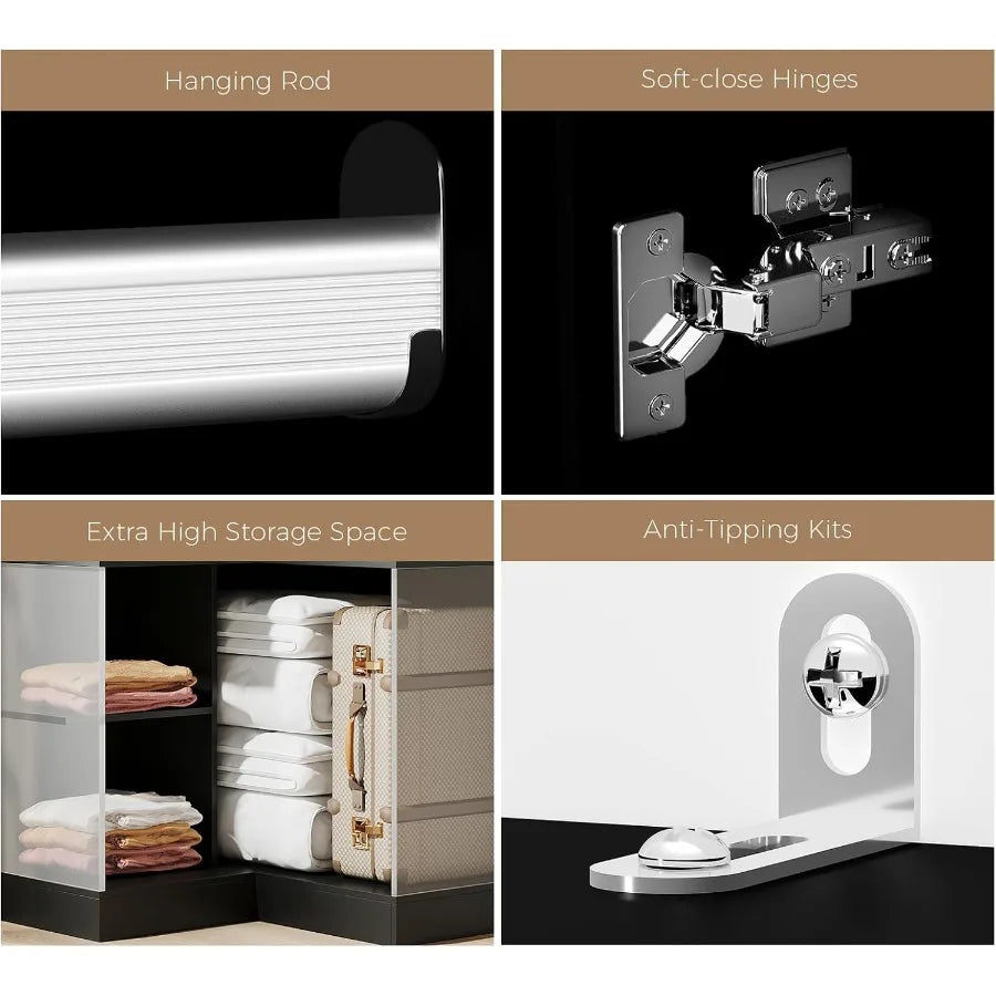 Hardware detail panel showing the hanging rail, soft-close hinge and anti-tip wall bracket.