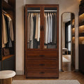 Dark-brown wardrobe with clear inset doors and three lower drawers