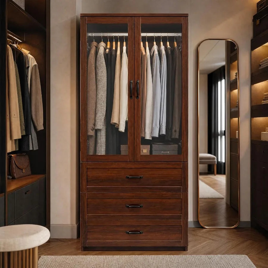 Dark-brown wardrobe with clear inset doors and three lower drawers