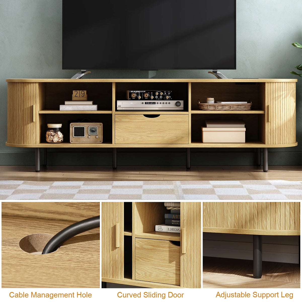 Opalray TV stand with open storage, cable management, sliding door, and adjustable support legs