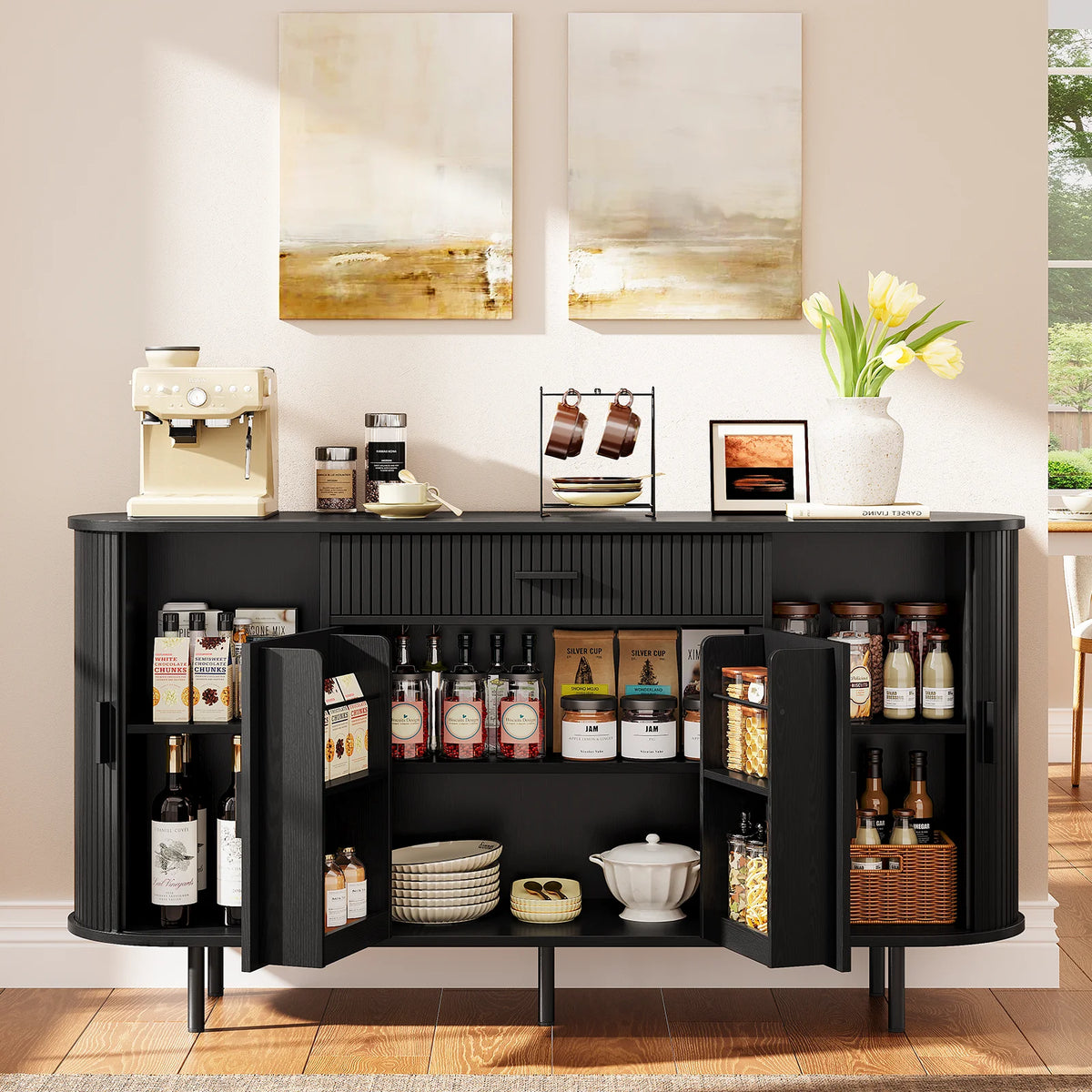 Black Cindersong variant with cabinet doors open, sliding side storage and a wide drawer