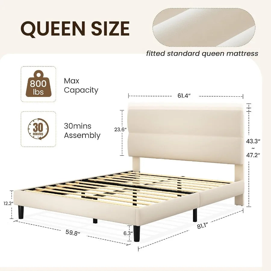 Slatted queen frame measurement chart showing 61.4-inch headboard width