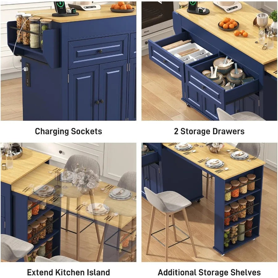 Kitchen island storage, charging and table-extension features