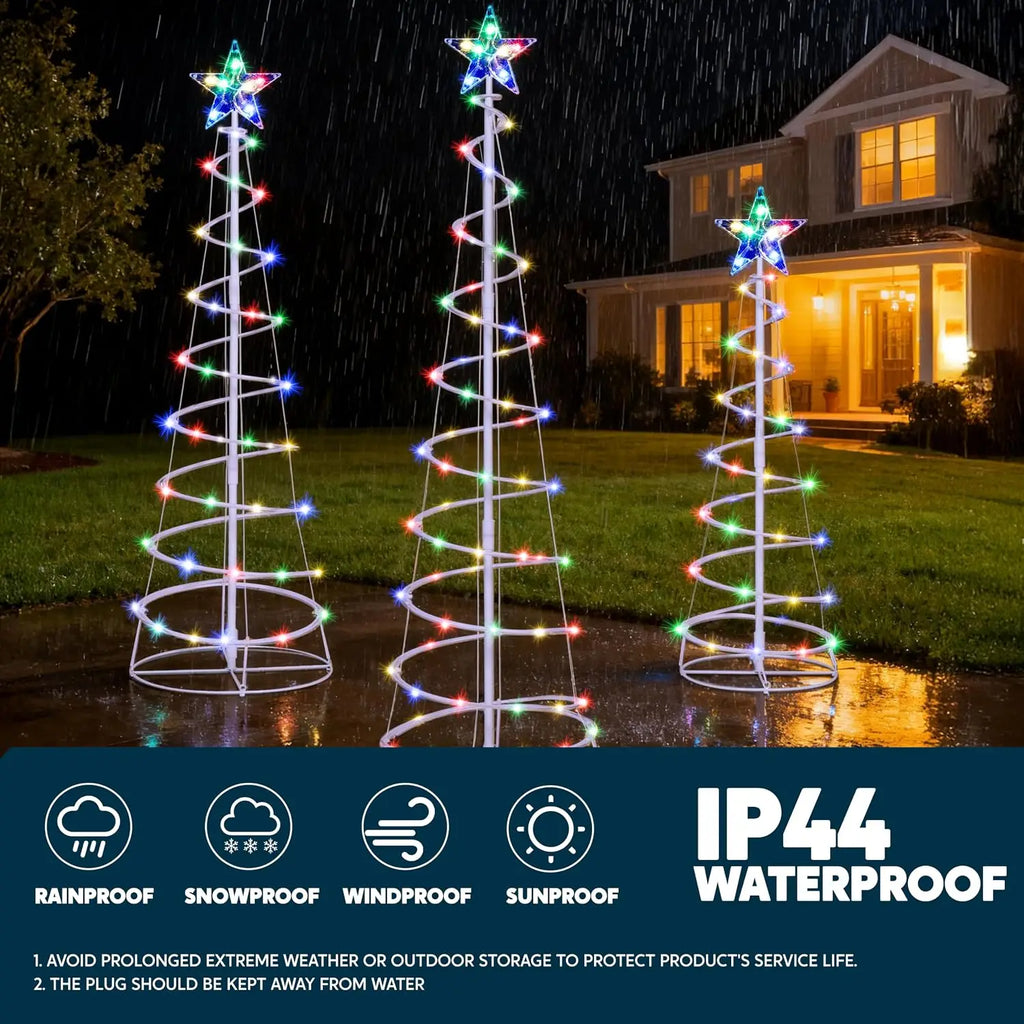 Spiravelle spiral tree display with precautions to avoid prolonged extreme weather and keep the plug away from water