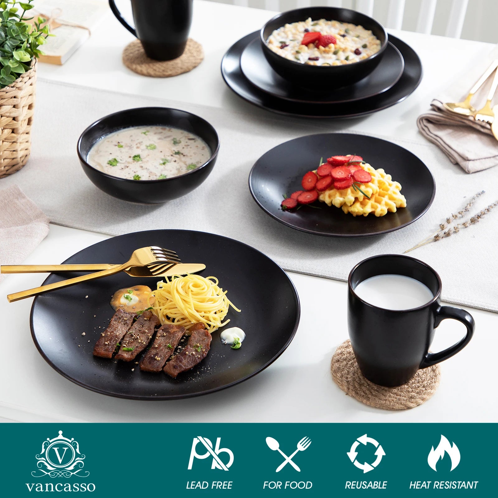 VANCASSO MODA Black Dinnerware – 16/32/48 Pieces