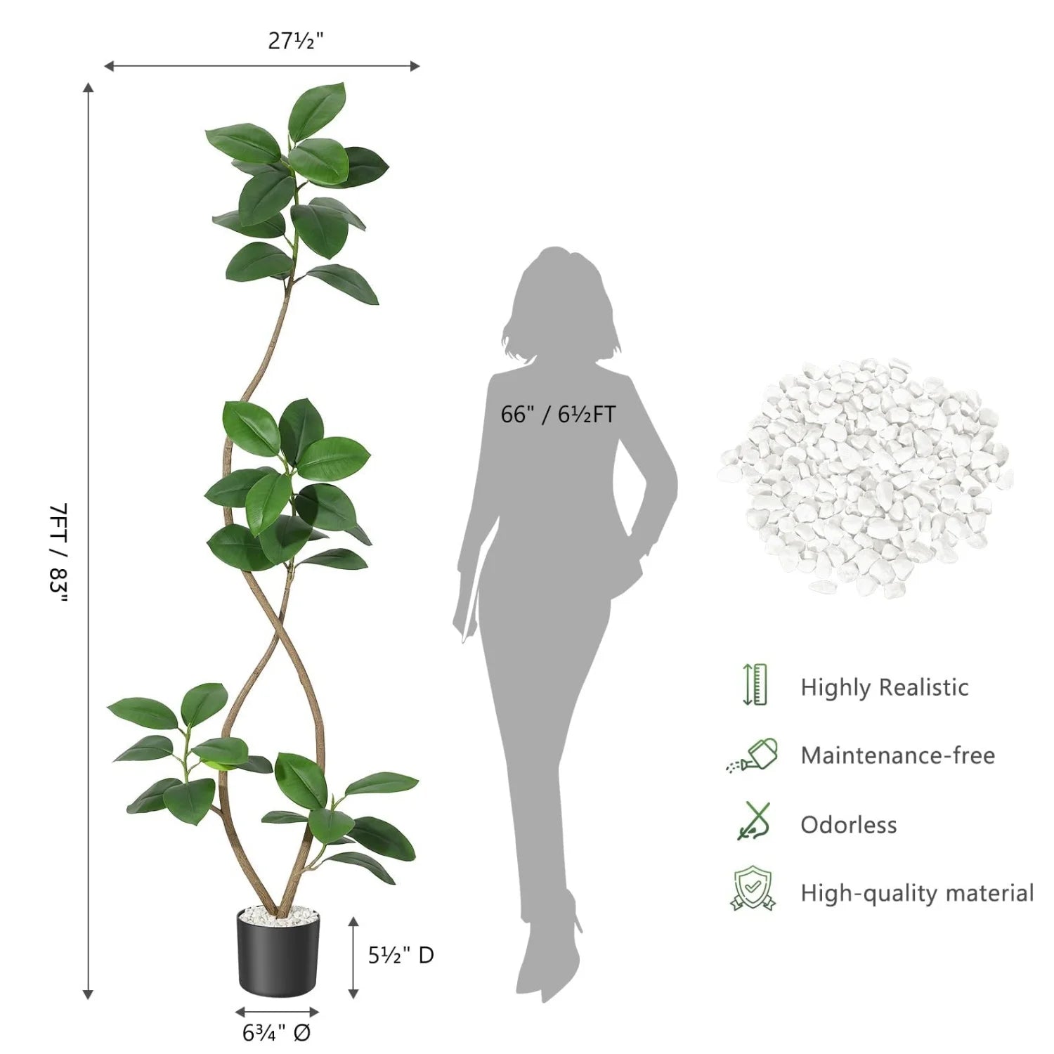 Tall artificial climbing plant in a black pot shown on a white background with height and diameter measurements, a gray human silhouette for scale, and feature icons for realistic texture, low maintenance, odorless, and high-quality material.