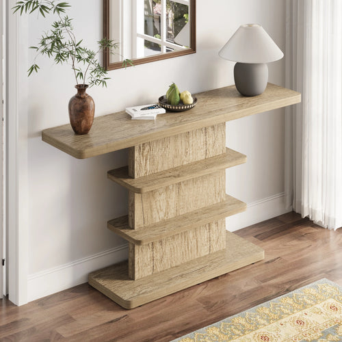 Atterley light brown wood-grain console table with two open shelves beside a window