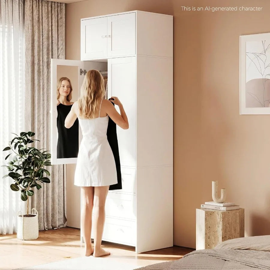 Interior door mirror on the white wardrobe shown in a dressing scene labeled as AI-generated.