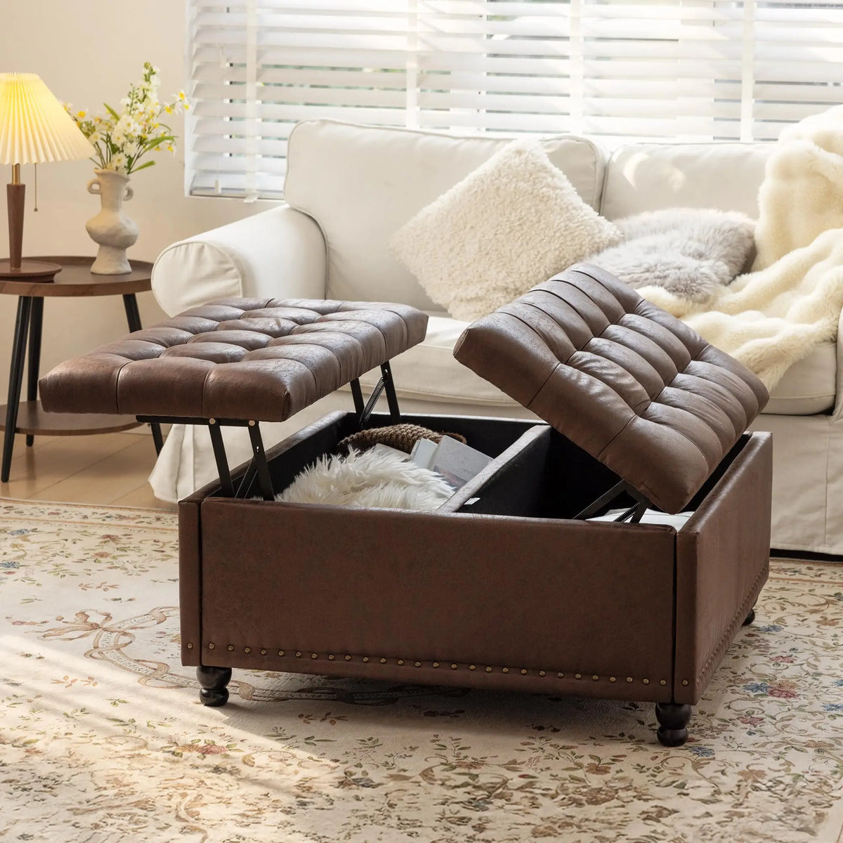 Hearthlift Dark Brown option with smooth faux-leather upholstery and tufted top.