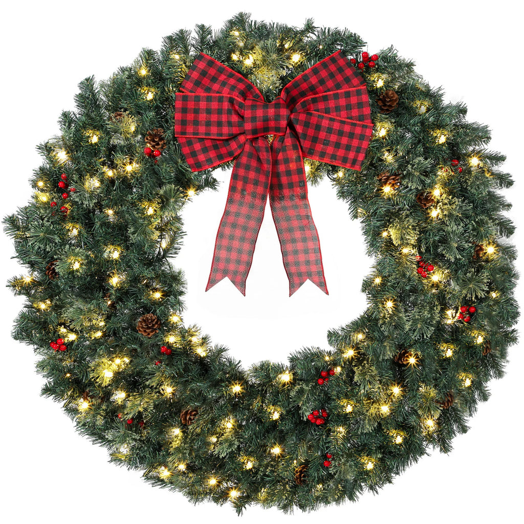 Berrivale 48-inch Christmas wreath with warm white lights, red berries, pinecones, and a buffalo plaid bow
