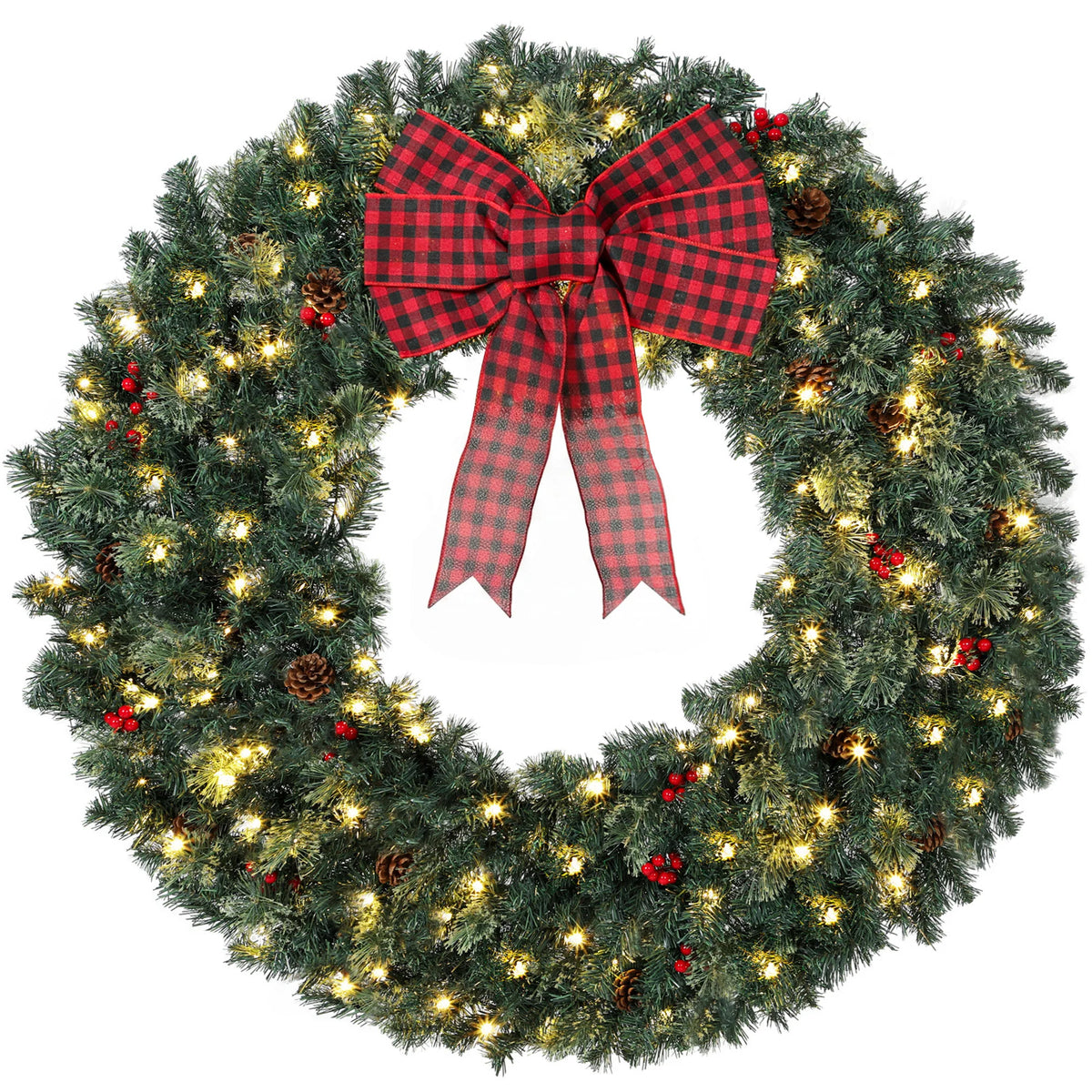 Berrivale 48-inch Christmas wreath with warm white lights, red berries, pinecones, and a buffalo plaid bow
