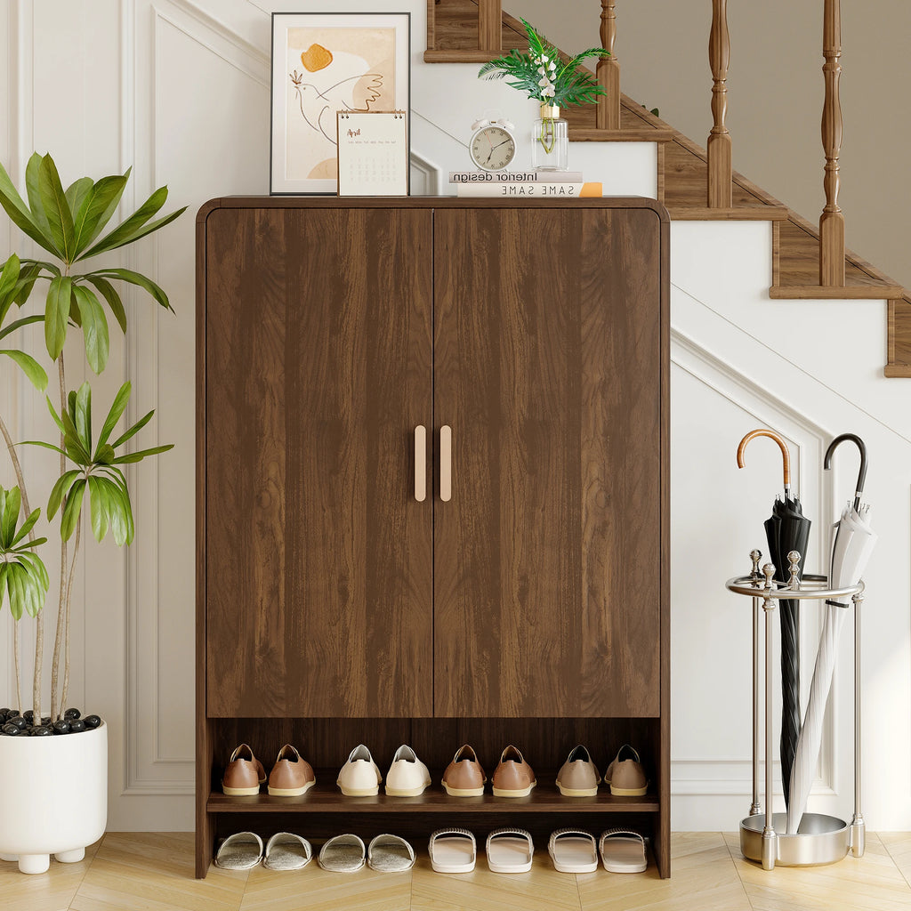 Hushline Brown Walnut cabinet with closed doors and lower shoe shelf.