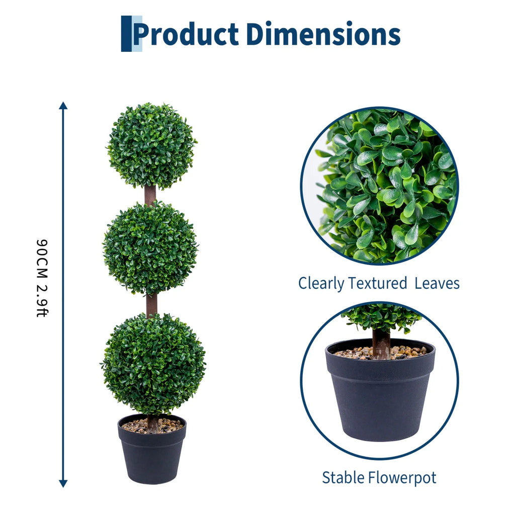 Product dimensions graphic for a three-tier spherical topiary tree in a black pot, showing a 90 cm (2.9 ft) height measurement, a circular inset of clearly textured green leaves, and a circular inset of the stable black pot.