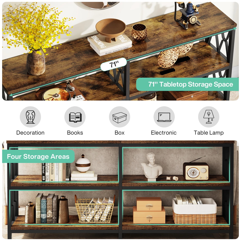 Balladcharm 71-inch table diagram highlighting four divided open lower storage areas