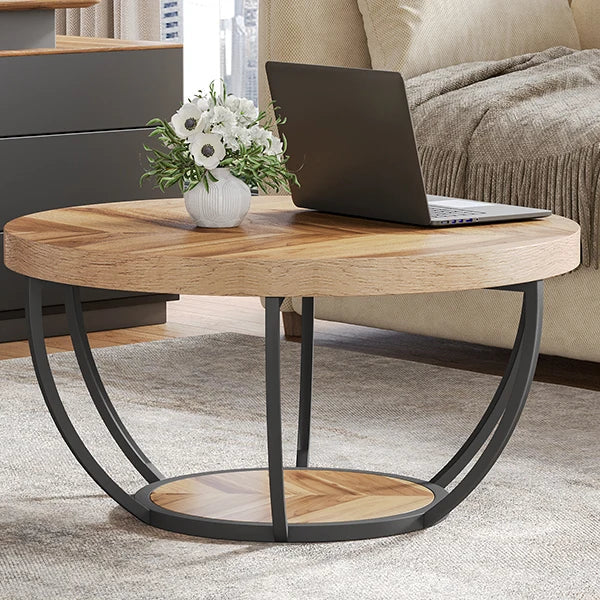 Wooden coffee table with a laptop on it in a living room setting