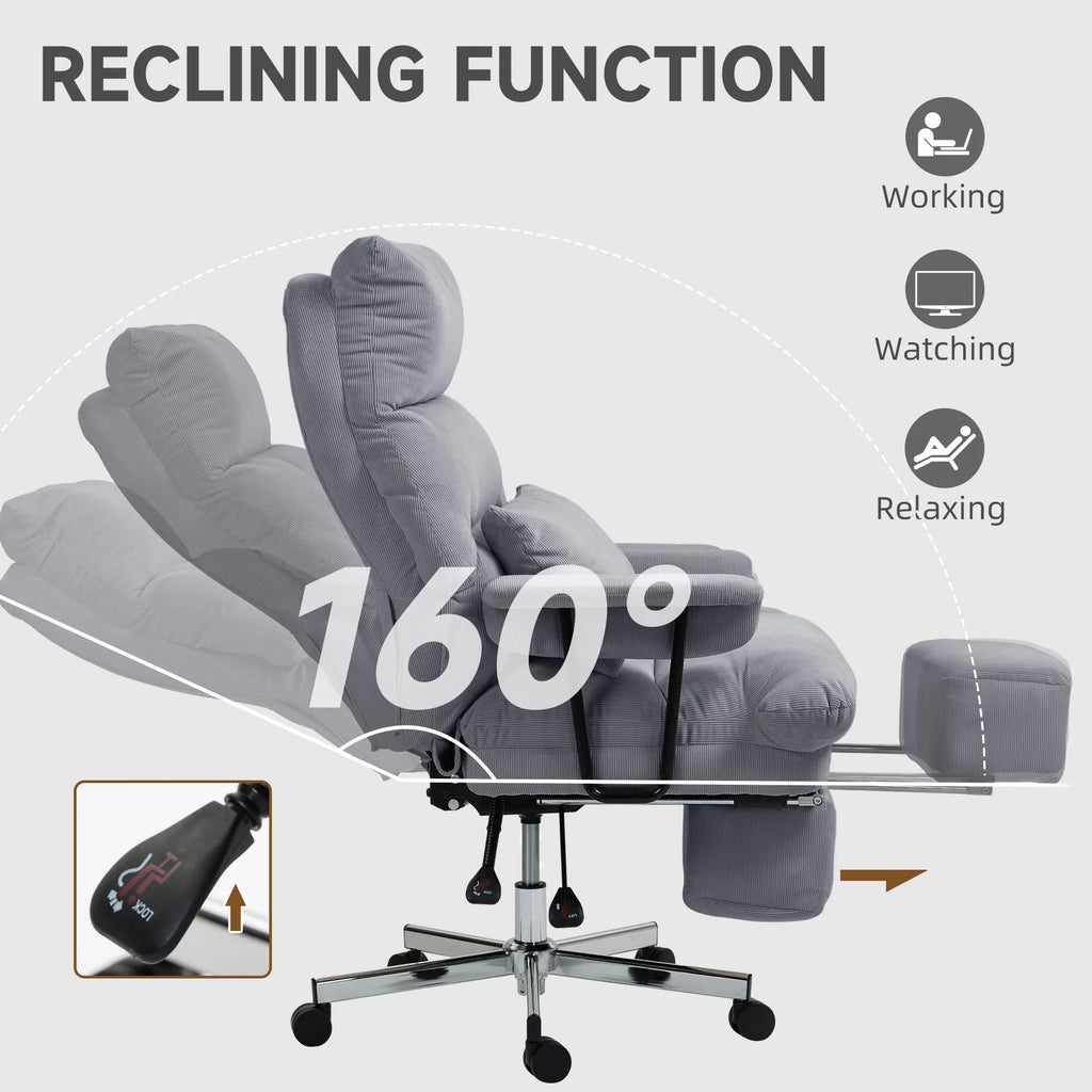 Chair reclining diagram showing upright and tilted backrest positions, an extended footrest and adjustment lever.