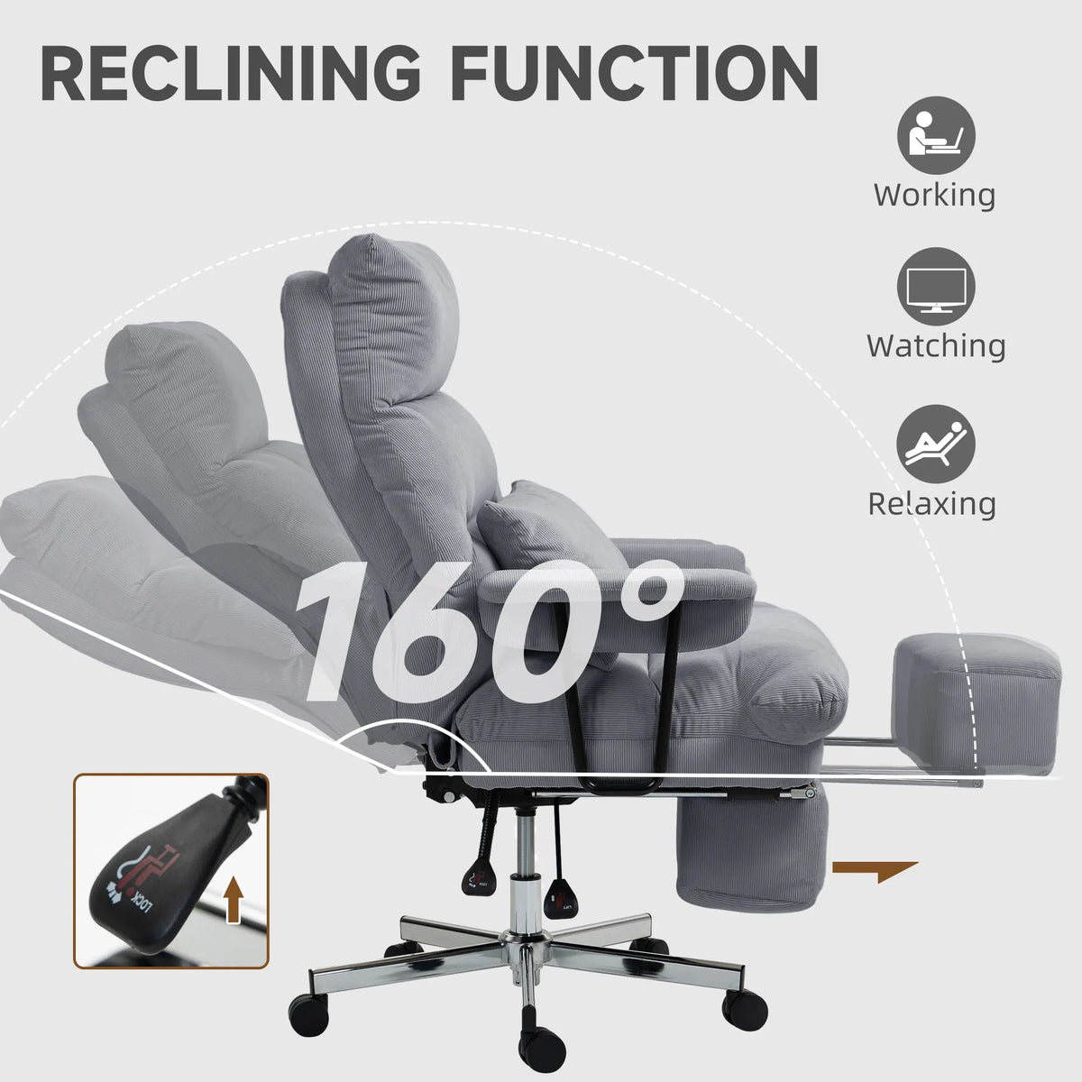 Chair reclining diagram showing upright and tilted backrest positions, an extended footrest and adjustment lever.