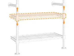 White Wonderveil wire shelf with arrows indicating shelf-height adjustment