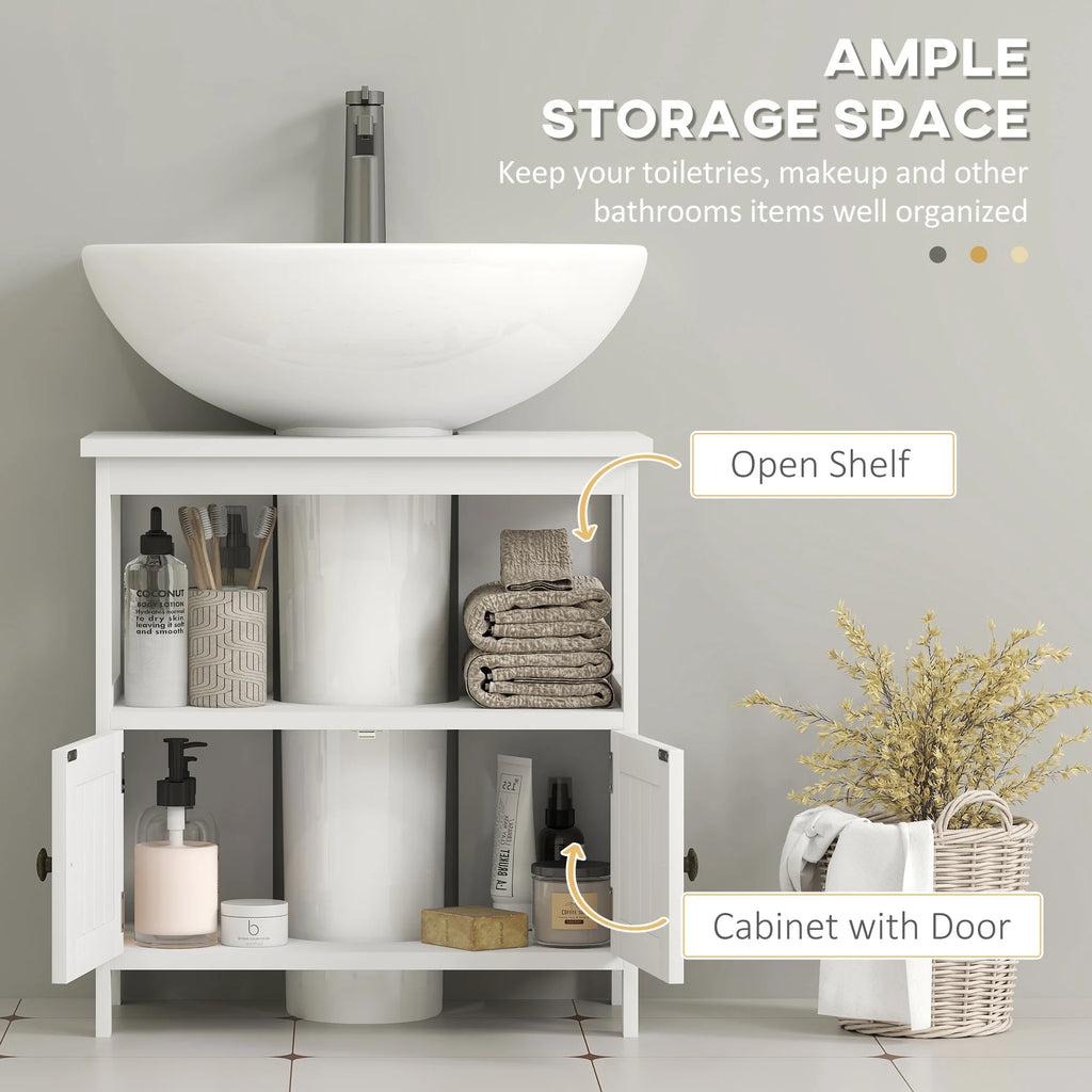 Open-door view of the Kleankin cabinet showing the upper display shelf and enclosed storage around a sink pedestal
