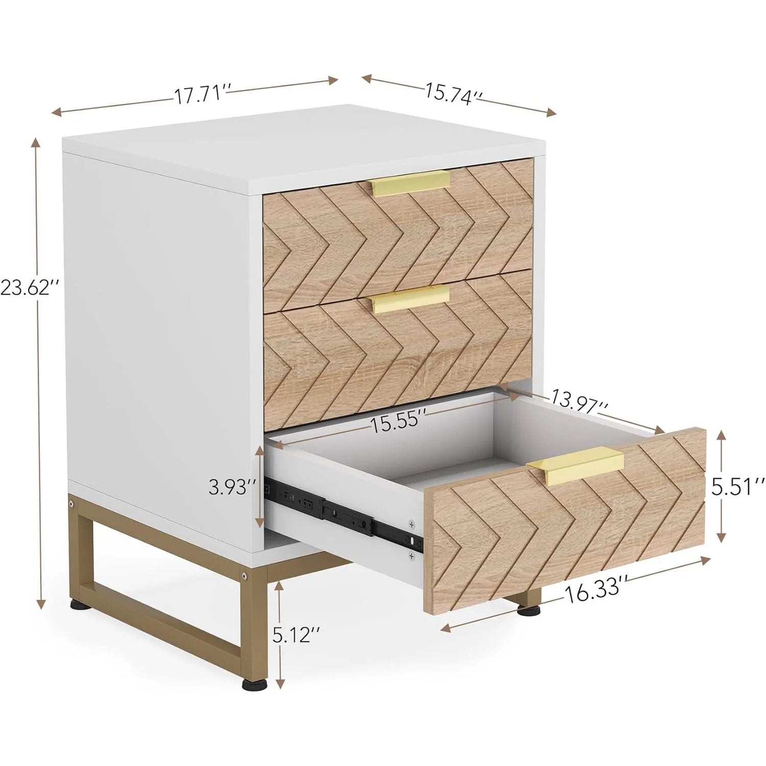 White nightstand with wooden drawers and dimensions labeled