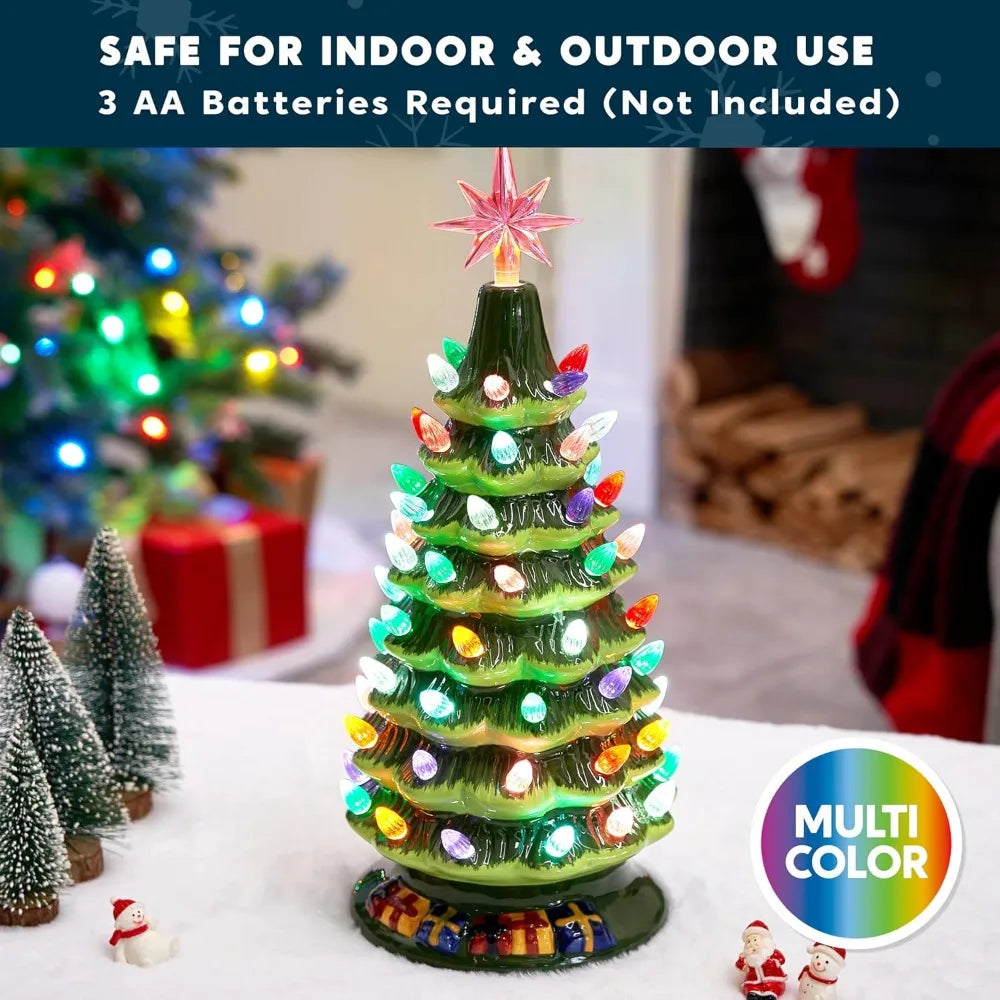 Merryglaze lighted ceramic tree with a graphic stating three AA batteries are required and not included.