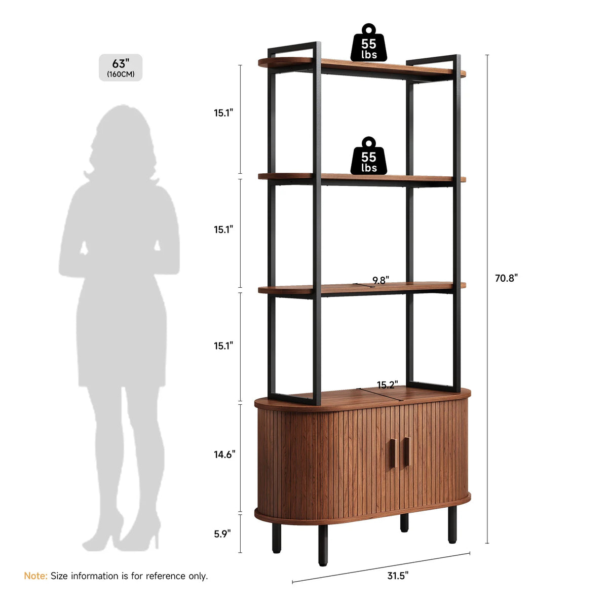 Fableecho dimension diagram showing 31.5-inch width, 15.2-inch depth, 70.8-inch height and 55 lbs on each top shelf