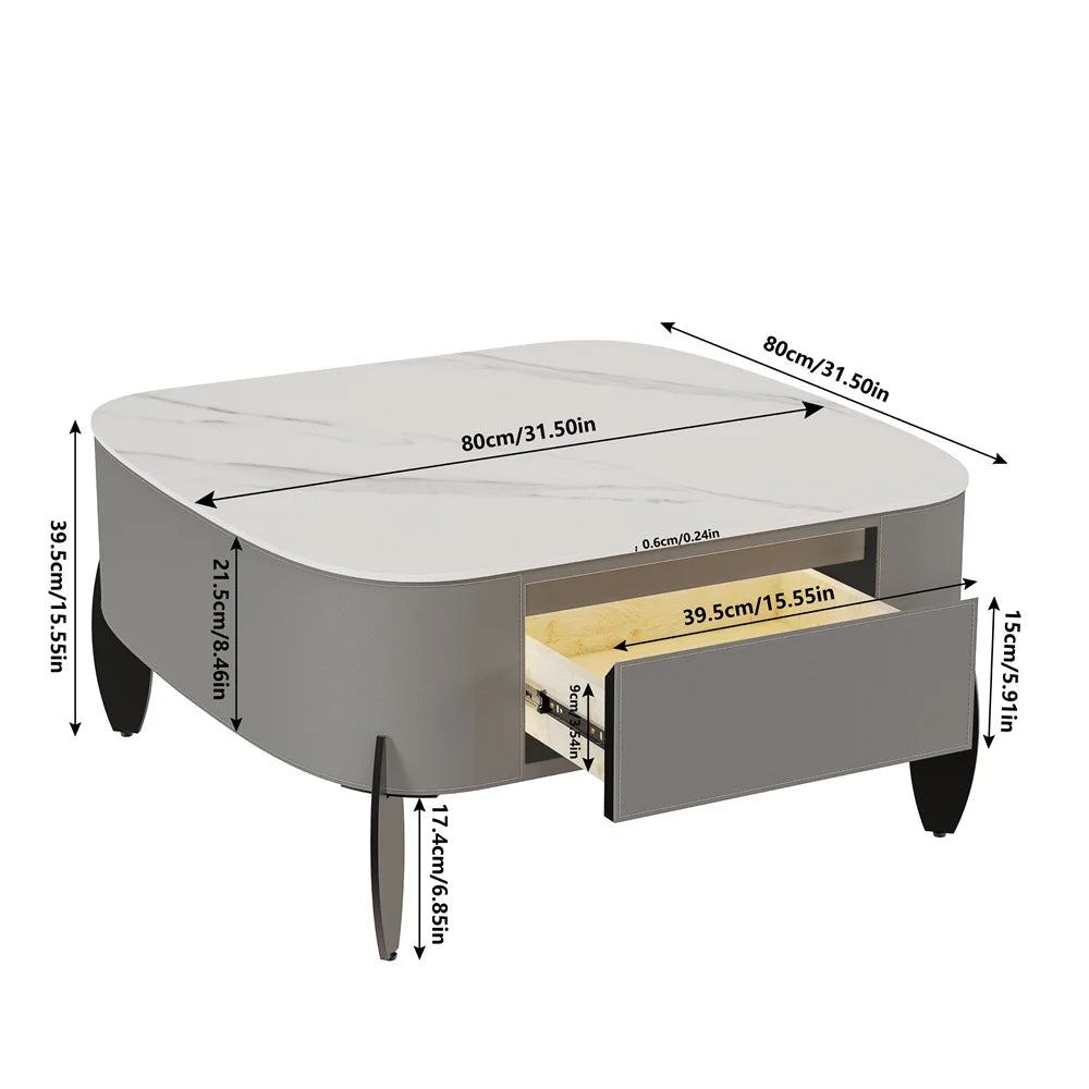 Cinderloom dimension diagram showing a 31.5-inch square top, 15.55-inch overall height and drawer-front details