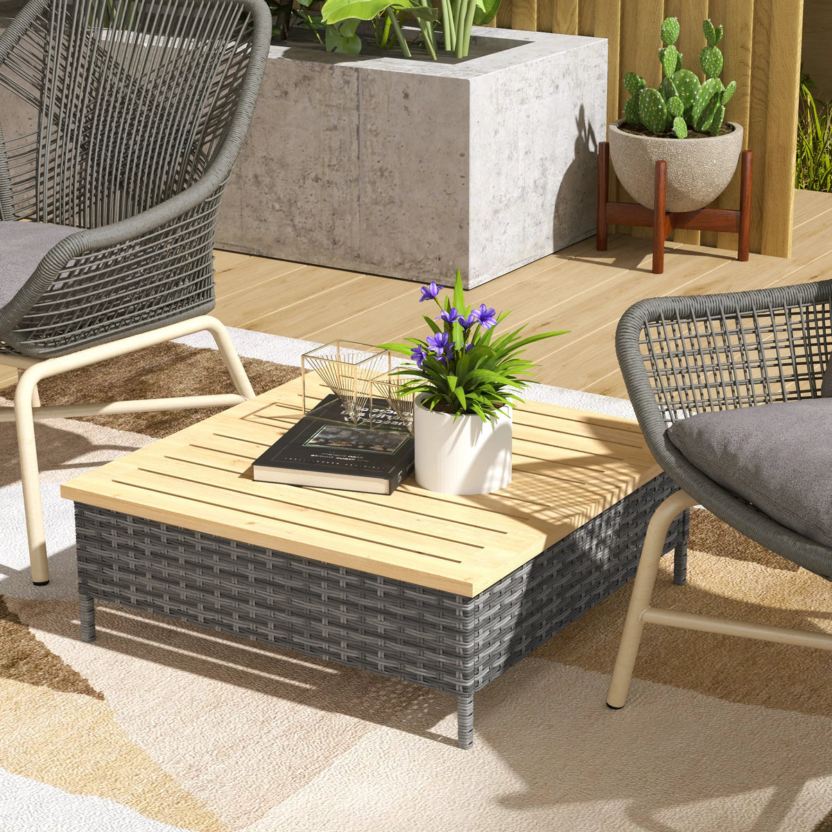 Selwick gray rattan patio side table with natural fir-wood slatted top