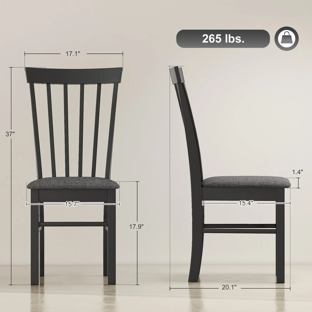 Novacrest front and side dimension diagram with a 265-pound chair rating