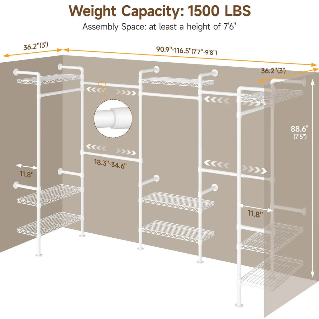 Everhalo closet dimensions showing an adjustable 90.9–116.5-inch back-wall span and 88.6-inch height.