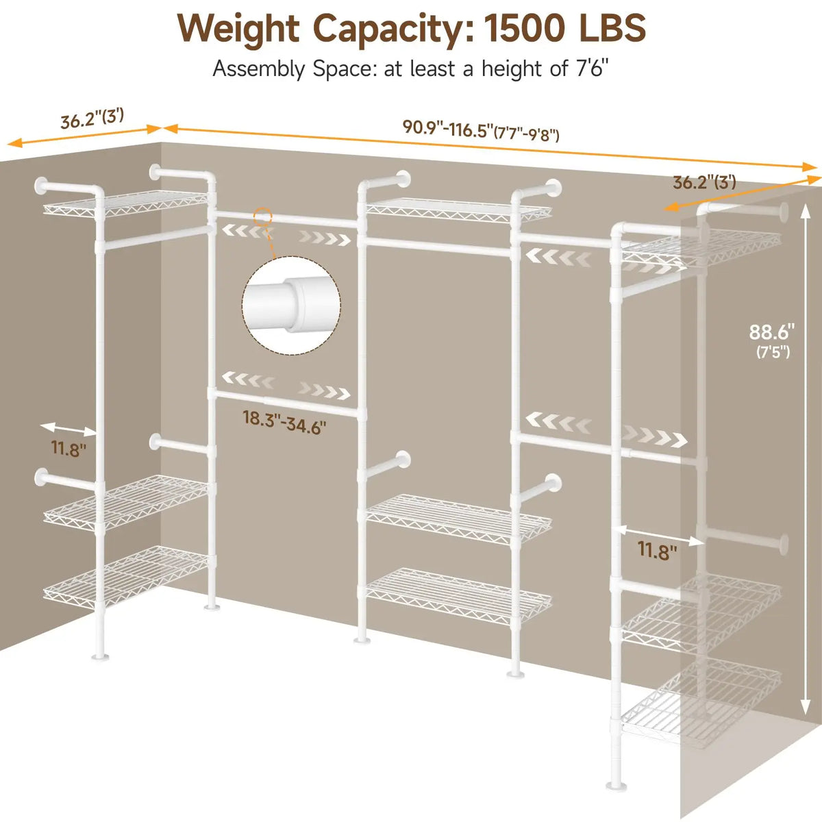 Everhalo closet dimensions showing an adjustable 90.9–116.5-inch back-wall span and 88.6-inch height.