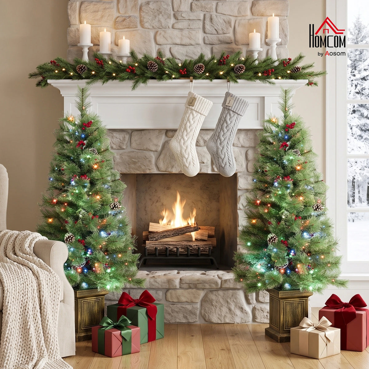 Berryglow paired entryway Christmas trees displayed in a holiday setting