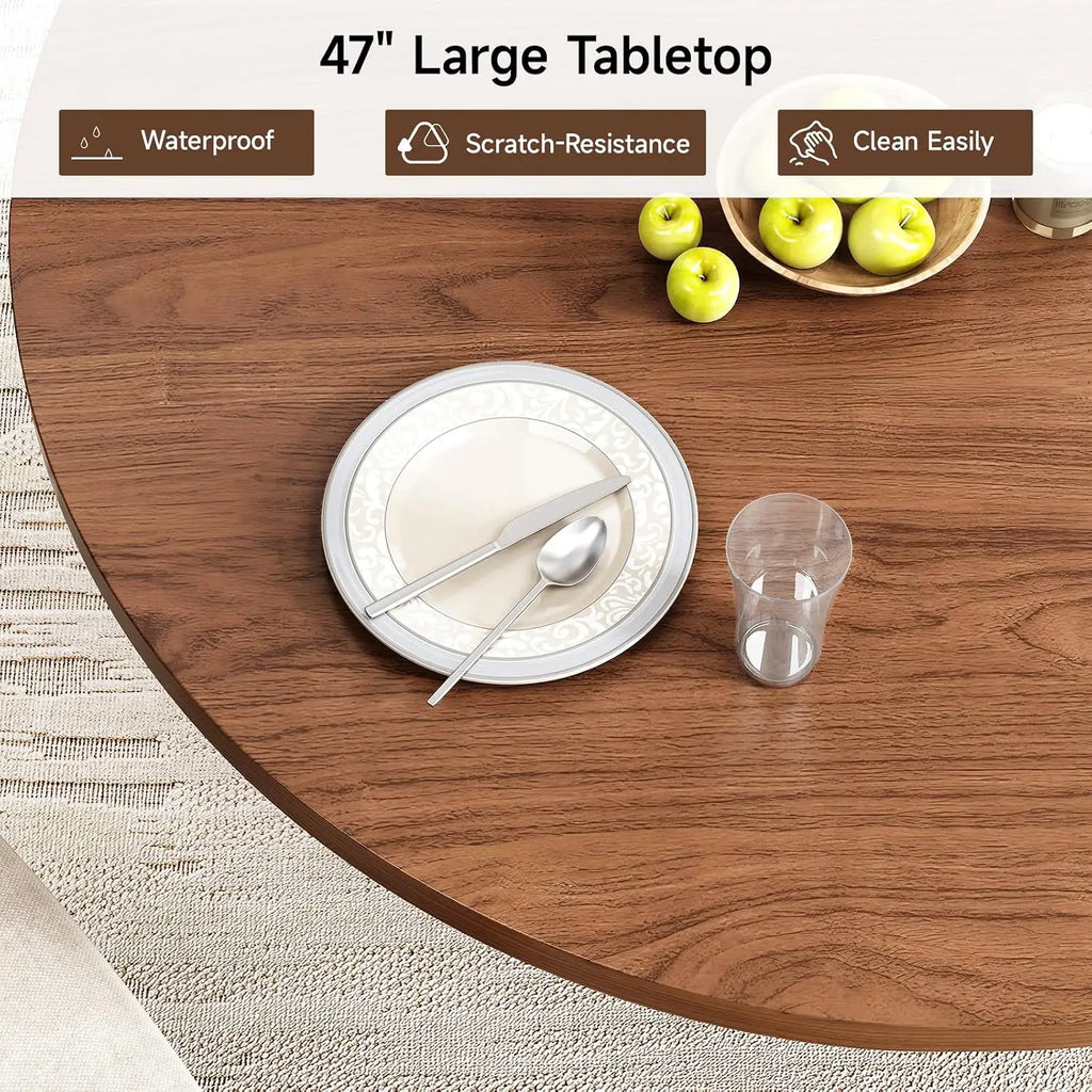 Rhymelark wood-grain tabletop close-up with surface-care feature labels