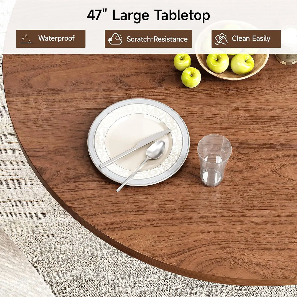 Rhymelark wood-grain tabletop close-up with surface-care feature labels