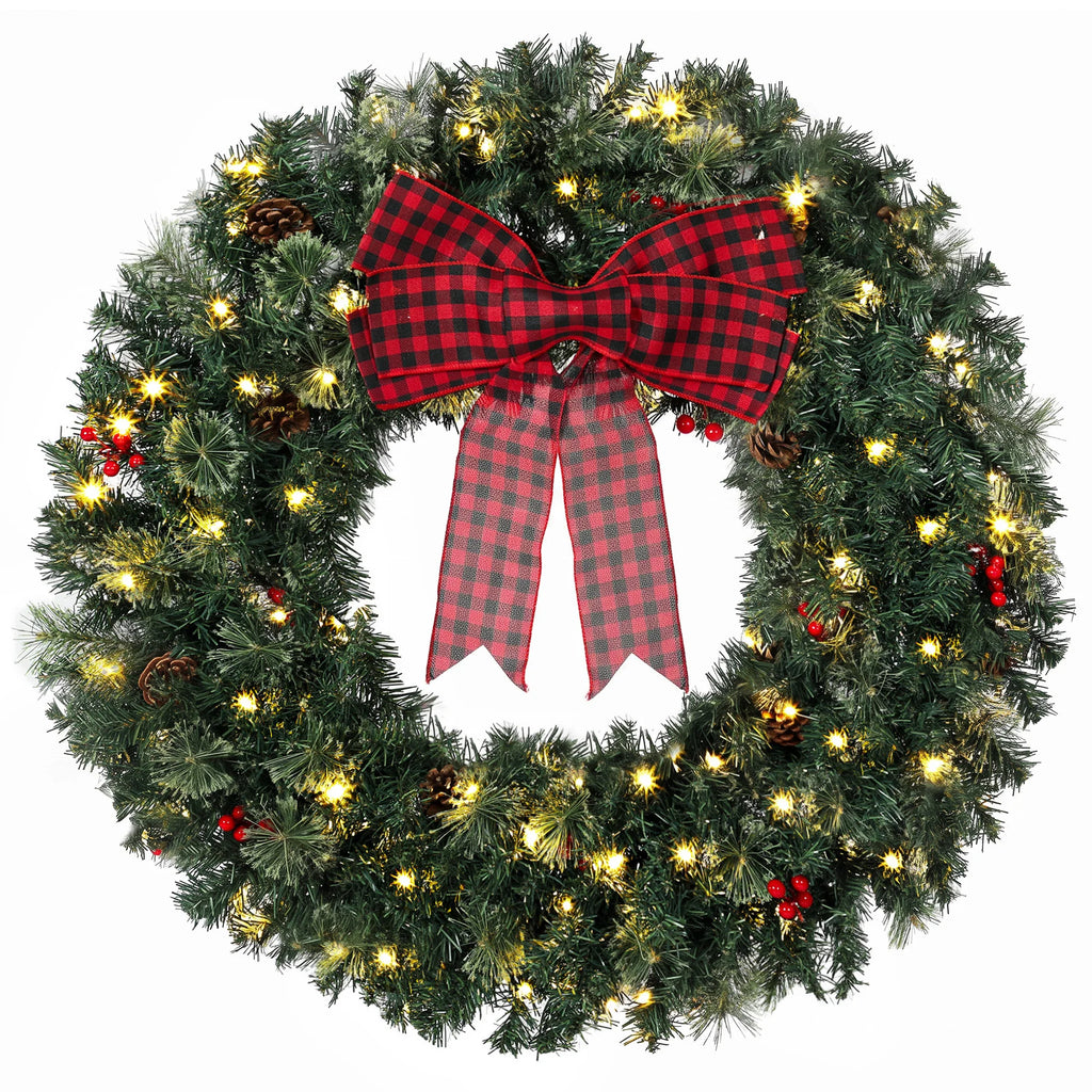 Berrivale 36-inch Christmas wreath with warm white lights, red berries, pinecones, and a buffalo plaid bow
