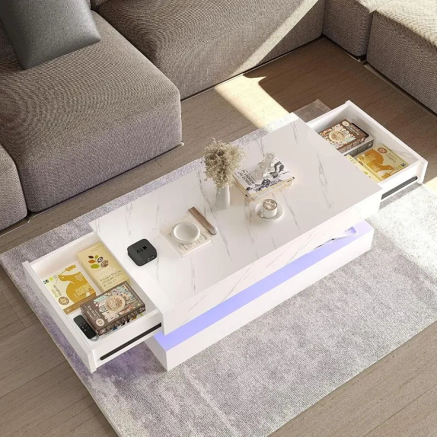 Top view of the coffee table with both end drawers open