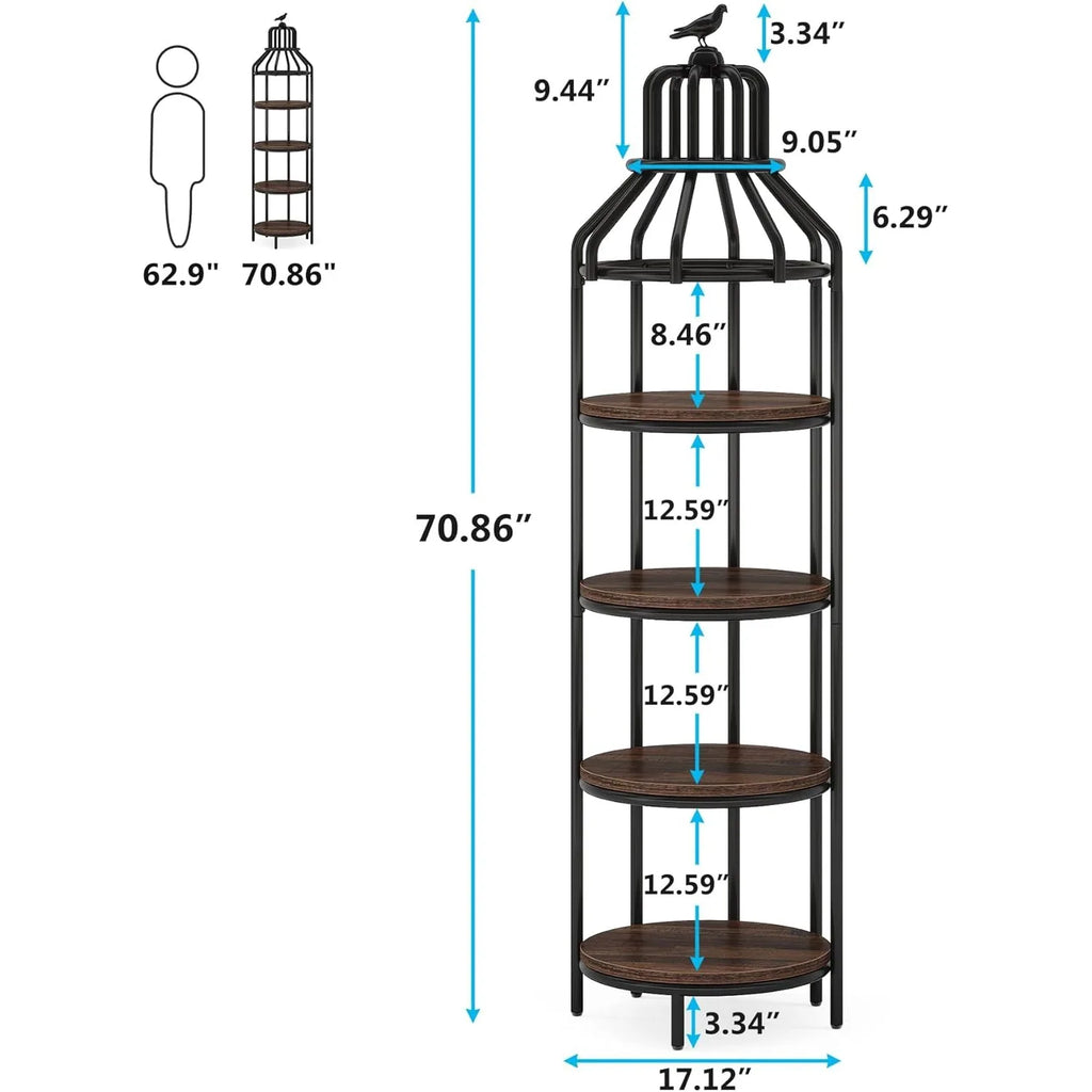 Measurement chart of a five-tiered shelf with dimensions labeled.