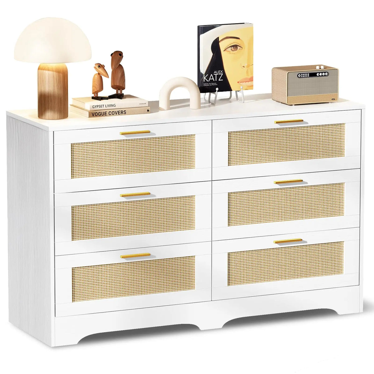 Merewick White dresser with six woven-panel drawers and gold-tone pulls