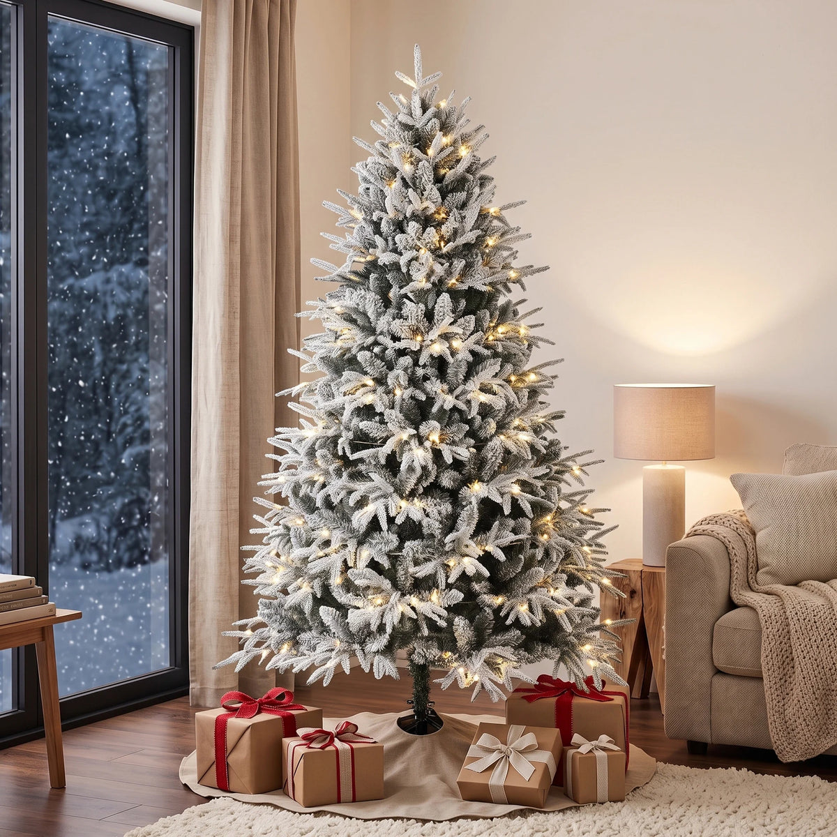 Snowcrest flocked pre-lit Christmas tree displayed in an indoor holiday setting