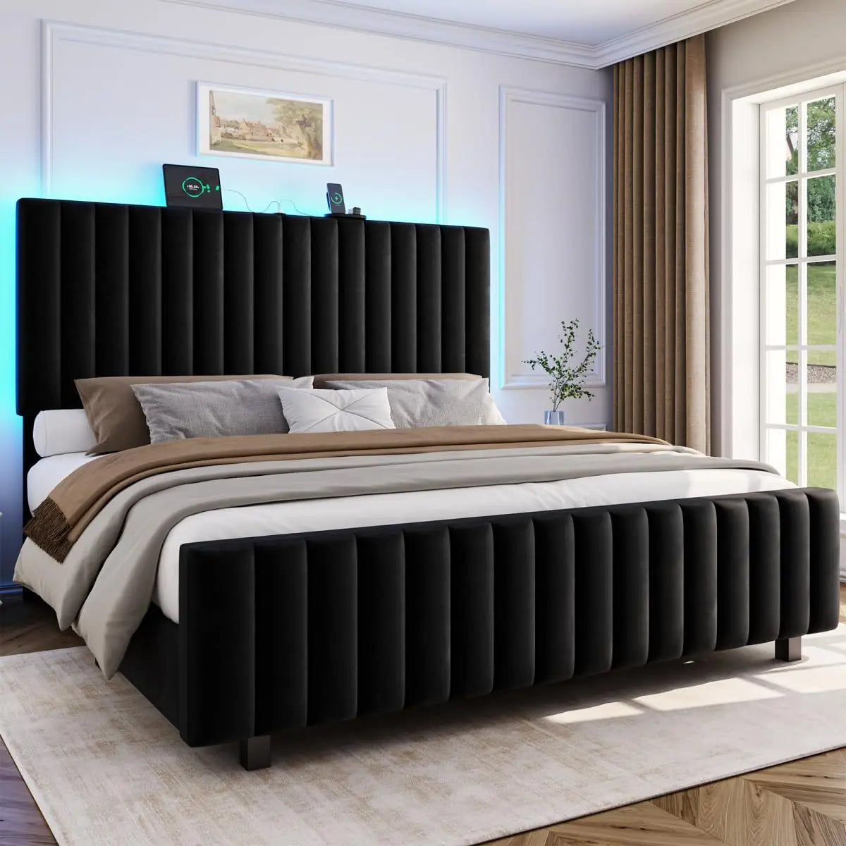 Veltrenne Black Queen platform bed variant with LED accent lighting