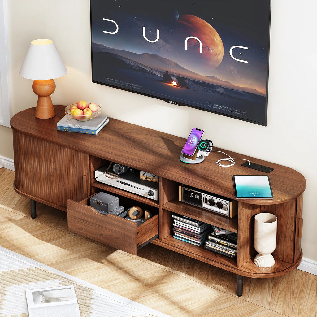 Sunbeamsong Walnut TV stand with open center drawer, side shelving and built-in power station