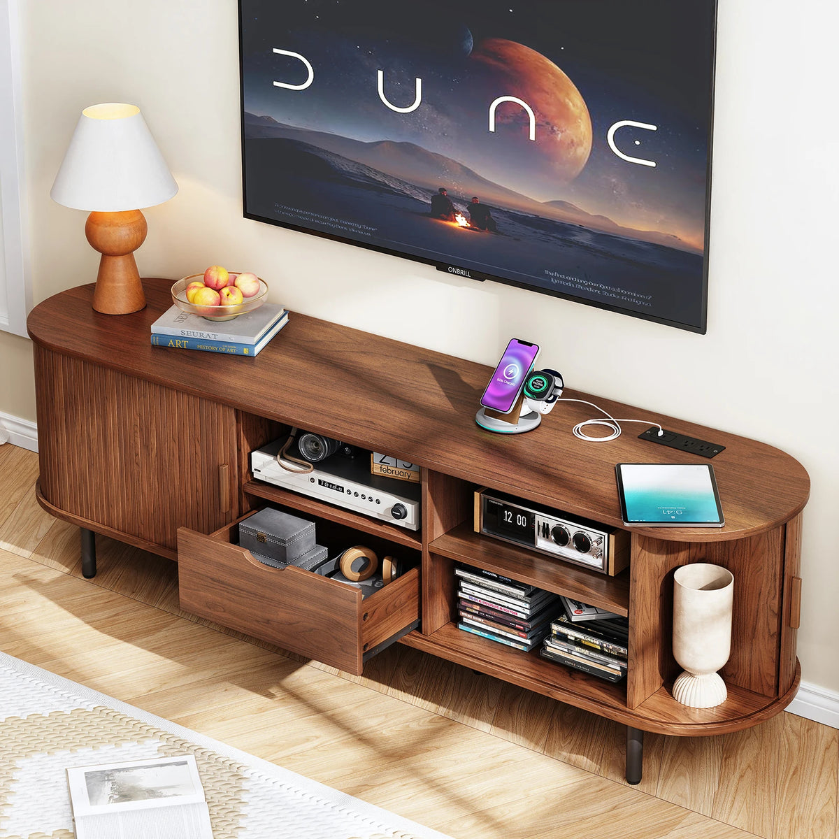 Sunbeamsong Walnut TV stand with open center drawer, side shelving and built-in power station